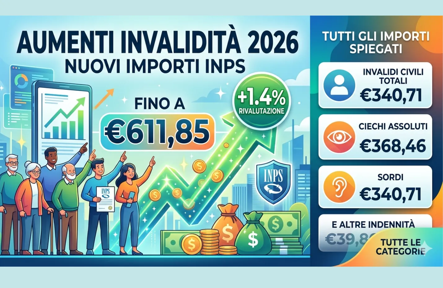 Invalidità 2026, aumenti fino a 611,85 euro: rivalutazione 1,4% e nuovi importi INPS spiegati
